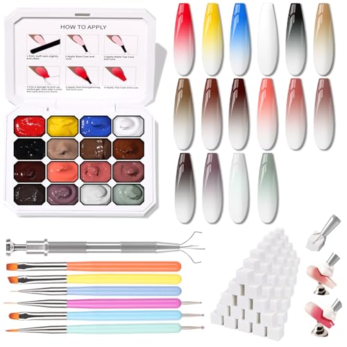 Ombre Gel Polish Palette,16Colors Pat Gel Paint Nail Art Kit Sponge Patting - color: 16 Colors J