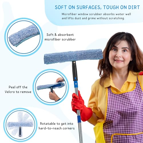 Window Squeegee with Scrubber for Home and Outdoor Glasses Cleaning, 6 Ft Long Handle 2 in 1 Professional Window Washing Kit with Replacement Rubber Blade, Car Windshield Cleaner Tool - size: 6 Ft
