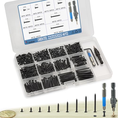 440PCS Flat Head Phillips Wood Screws Assortment Kit, Carbon Steel Self-Tapping Screw with Adjustable Wood Countersink (CSQ235 M3) - size: CSQ235 M3