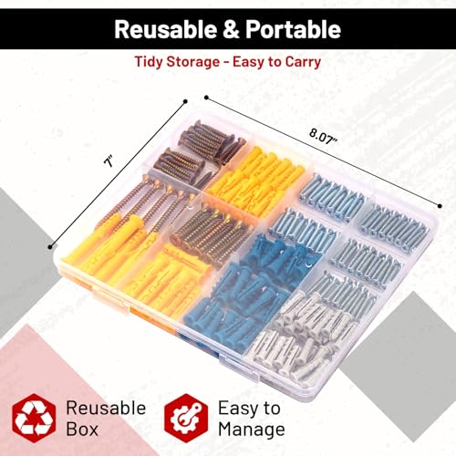 270PCS Drywall Anchors and Screws Assortment Kit with Storage Box