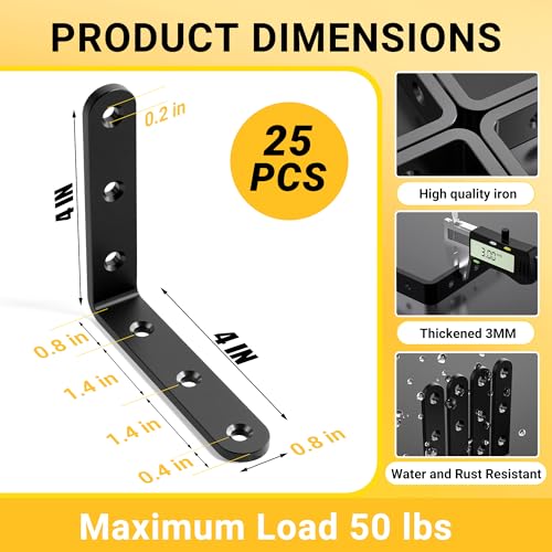 25Pcs Black Angle Brackets 4”x 4” Heavy Duty Corner Bracket 3MM for Wood | 3MM Thick Metal Corner Brackets 90 Degree Joint Hardware 4in Mounting Bracket for Wooden Furniture Cabinet Chair Bookshelf - size: Black-4x4 Inch