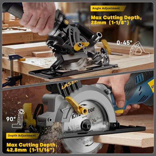 Enventor Mini Circular Saw with Laser Guide, 6 Blades 4-1/2", 5.8A Corded | 3500 RPM, Max Cut 1-11/16 in at 90° and 1-1/8 in at 45°, Dust Port, Vacuum Adapter for Soft Metal, Wood, Tile Cutting