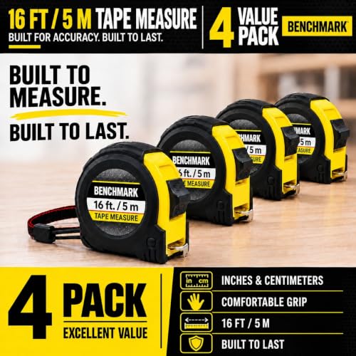 Benchmark - 4 Pack of 16ft Tape Measures - Retractable, Auto Lock, Metric and Imperial (feet and Centimeters), Tough Outer Shell Protection