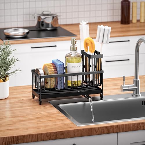 Cisily Sponge Holder for Kitchen Sink, Sink Organizer with Brush Holder - color: Black - 9.25″