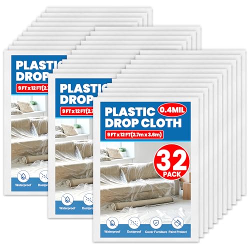 32 Pack Plastic Drop Cloth, 9 x 12 Feet Plastic Sheeting - color: 32p