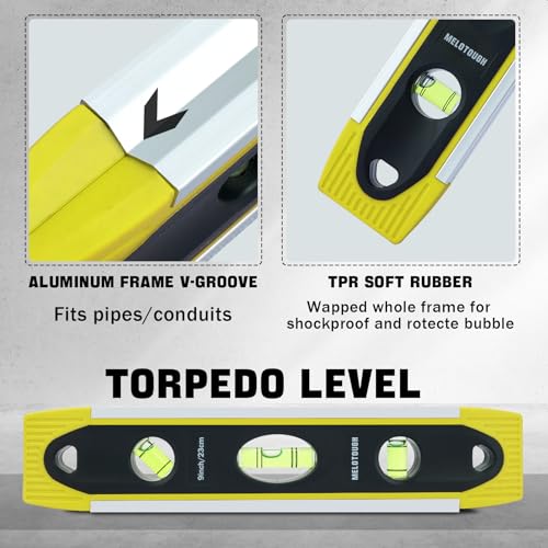 MELOTOUGH 9 Inch Torpedo Level Magnetic,Small Leveler Tool,Magnetic Box Level with 45/90/180 Bubbles,V-Groove,Shock Resistant Bubble Level,Yellow - color: Yellow-1pcs