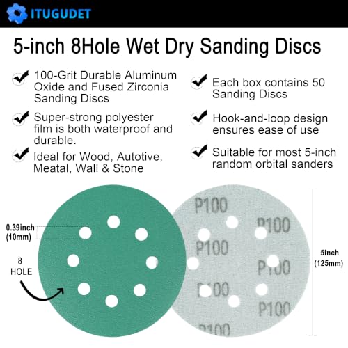 5 Inch 8 Hole P100 Grit Zirconia Wet Dry Sanding Discs - 50 Pack - size: 100 Grit