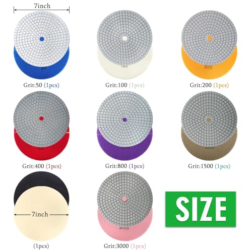 8PCS Diamond Polishing Pads 7 Inch, Wet/Dry Concrete Polish Tools Kit for Drill, Grinder, Polisher, 50-3000 Grit Polishing Set for Marble Granite Quartz Stone - size: 7 Inch 50-3000 Grit