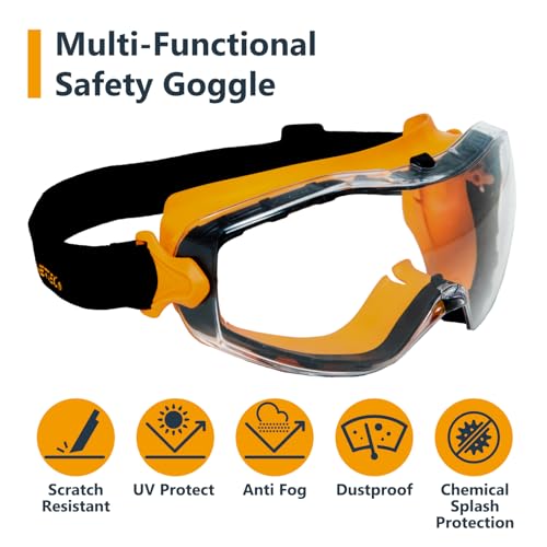 POWERTEC Safety Goggles Over Glasses, Scratch Proof UV Protection Anti-fog Safety Goggles, Chemical Splash Protective Eyewear W/Adjustable Headband for Woodworking, Mowing, Construction (71563)