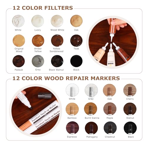SEISSO Wood Furniture Repair Kit, Touch Up Markers Wood Fillers - size: 12Wood Fillters+12Markers+Wood Putty+Polish Wax