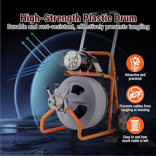 HoldwellS 75FT x 1/2 Inch Drain Cleaner Machine, Auto Feed Electric Drain Auger for 2"-4" Pipes, Enclosed Plastic Drum with 4 Cutters & Pneumatic Foot Switch, Sewer Snake Auger - color: 75FT x 1/2inch (Auto Feed)