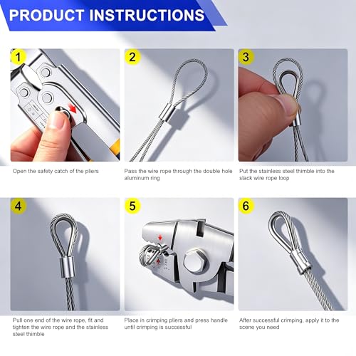 Twidec/Wire Rope Crimping Tool Kit Up To 2.2mm Swaging Tool With 165FT 1/16'' 304 stainless steel Wire Rope And 150PCS 1/16''Aluminum Crimping Loop Sleeve 20PCS Wire Rope Thimbles - style: 165FT