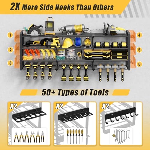 49''W Power Tool Organizer Wall Mount, 650LBS, 4 Tier, 12 Drill Holders - size: 49.4" Width 4-Tier