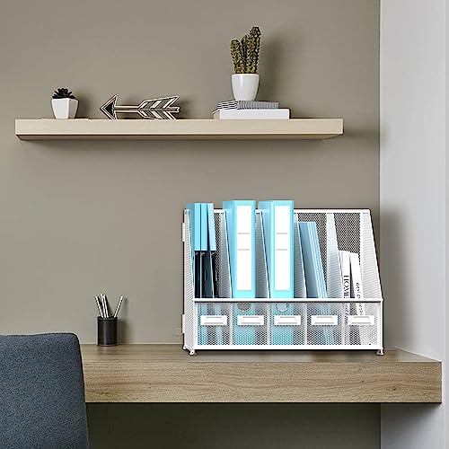 SUPEASY Desk Organizers Metal Desk Magazine File Holder with 5 Vertical Compartments Rack File Organizer for Office Desktop, Classroom, Home Workspace, White Plus - color: White, size: Large