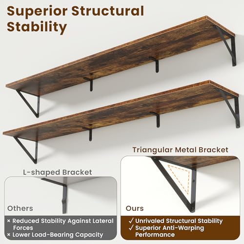 55" Long Wall Mounted Floating Shelves,8 inch Deep Floating Shelf with Metal Brackets Set of 2,Easy-to-Install Wall Decor Storage Ledges for Living Room,Bathroom,Bedroom,Kitchen,Office,Rustic Brown - color: Rustic Brown, size: 55"Wx8"D-2pcs