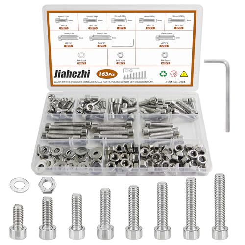 163Pcs M4 201 Stainless Steel Hex Socket Cap Bolt & Nut Set - size: M6x8/10/12/16/20/25/30/35-163Pcs