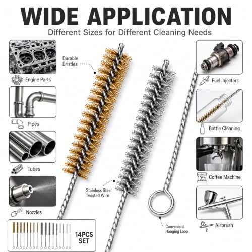 14PCS Tube Cleaning Brush Set, 7 Brass & 7 Stainless Steel Wire Brushes, 12 Inch Long Pipe Cleaner Kit, 7 Sizes Round Bore Brush for Engine Parts, Fuel Lines, Auto Parts, Pipes, Tubes & Nozzles
