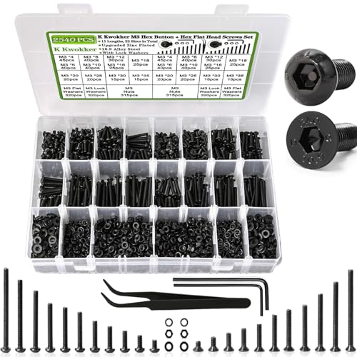 2540Pcs M3 Screw Kit 4MM to 35MM, M3 Button Head Screws & Flat Head Screws, Upgraded Zinc Plated Assorted Nuts and Bolts Assortment Kit Black M3 Screws with Nuts, Washer and Lock Washers - size: I. M3