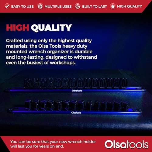 Olsa Tools Wall Mount Wrench Organizer - Rotating Clip Rack for 14 Wrenches - Blue Anodized Aluminum with Black Clips - Space Saving Tool Holder - Professional Grade Storage Solution - Part: 1029 - style: Blue Aluminum + Black Clips