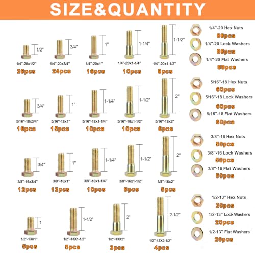 859PCS Grade 8 SAE Bolt Assortment Kit with Storage Box, Heavy-Duty Yellow Zinc Plated Alloy Steel Hex Bolt Set, Nuts with Flat & Lock Washers (1/4-20,5/16-18,3/8-16,1/2-13) for Home Improvement - size: 859pcs 1/4-20,5/16-18,3/8-16,1/2-13