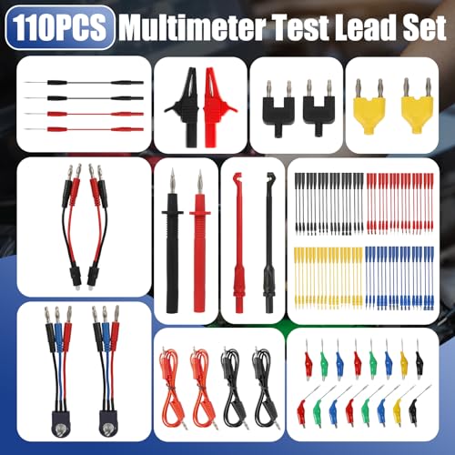 110 Pcs Automotive Circuit Test Lead Kit, Multimeter Test Leads Kit, Electrical Test Kit, Back Probe Kit Automotive, Relay Wire Connector Kit (with Black Carrying Case), Alligator Clips - color: Black