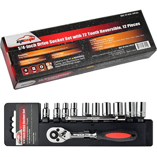 EPAuto 1/4-Inch Drive Socket Set with 72 Tooth Reversible, 12 Pieces - size: 12 Pieces