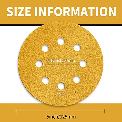 100 Pcs 5-Inch 8-Hole Hook and Loop Sanding Discs, 60/80/120/220/320 Assorted Grits Gold Sandpaper for Woodworking or Automotive 5 Inch Sanding Discs Gold Random Orbital Sander - style: Variety Pack-100 Discs