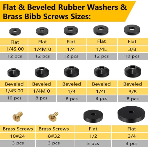 114-Piece 12 Sizes Faucet Washers Assorted Kit - Outdoor Spigot Repair Kit for Hose Bib, Water Valve - Flat & Beveled Faucet Rubber Washer Assortment, Brass Bibb Screws - size: 12