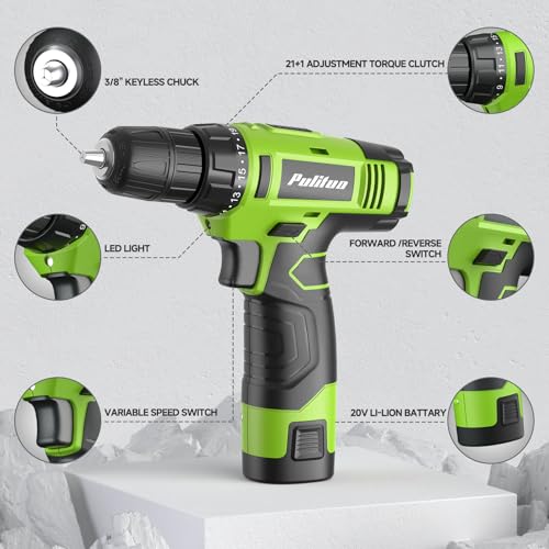 PULITUO Drill Set, 149-Piece Home Tool Set with Green 12V Cordless Drill, Tool Box, Hand Tool Kits for Women & Men and DIY Enthusiasts, for Home Improvement - style: 12V Set（Green）