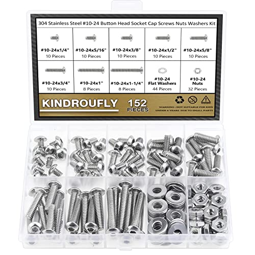 152 Pieces #10-24 x 1/4", 5/16", 3/8", 1/2", 5/8", 3/4", 1", 1-1/4", Button Head Socket Cap Screws Nuts Washers Assortment Kit, 304 Stainless Steel, Fully Machine Thread - size: #10-24, style: Button Head