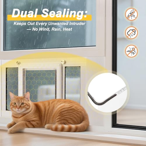 Cat Door for Window, Quick Damage-Free Install, 28"-32" Width Adjustable, All Aluminum Frame, 4-Way Lock, Magnetic Closure Cat Window Door, Extra Window Sealing Strips (M) - size: M: Fits 28"-32" Width