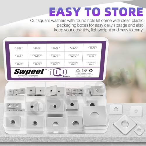 Swpeet 100Pcs 15 Sizes M3 M4 M5 M6 M8 M10 M14 304 Stainless Steel Silver Squares Washer with Round Hole Assortment Kit, Square Plate Washers Rectangular Pad Spacer Gasket Washer for Hardware Fastener