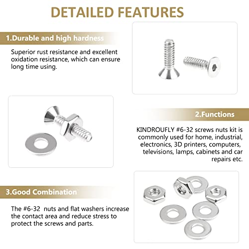 252 Pieces #6-32 x 1/4", 5/16", 3/8", 1/2", 5/8", 3/4", 1", 1-1/4", Countersunk Head Socket Cap Screws Nuts Washers Assortment Kit, 304 Stainless Steel, Fully Machine Thread - size: #6-32, style: Countersunk Head
