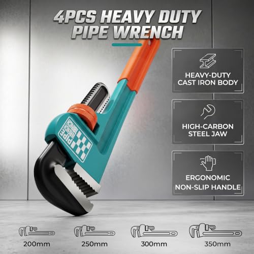 4Pcs Pipe Wrench, 8”,10",12”,14” Adjustable Straight Plumbing Wrench Set, High Drop-Forged jaws, Professional Pipeline Tool for Water Pipe Fittings, Mechanical assembly, Workshop Operations - size: 8.10.12.14inch