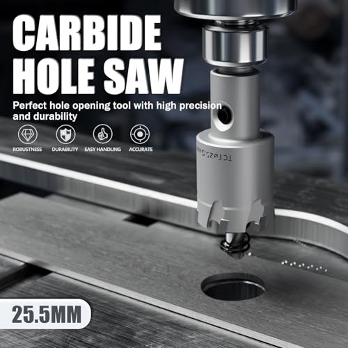 Heavy Duty Carbide Hole Saw Set, 1” (25.5mm), Extra Deep Cutting Depth of 1.1 Inches (28mm) - Ideal for Stainless Steel, Mild Steel, Iron, Copper, Brass, and Plastic - size: 25.5mm(1")