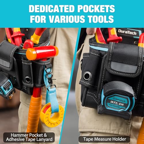 DuraTech Tool Pouch with Belt Clip, Electrician Tool Pouch with Tape Measure Holder & Hammer Loop, Quick Release Buckle, Expandable Support Frame, Ideal for Construction, Carpentry and Handyman Use - style: Small