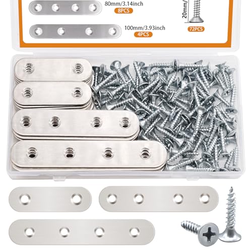 mankk 96PCS Flat Metal Brackets Mending Plate Stainless Steel Flat Straight Brace Brackets Fixed Connecting Plate for Wood Repair Fixing - color: Silver-50/80/100mm