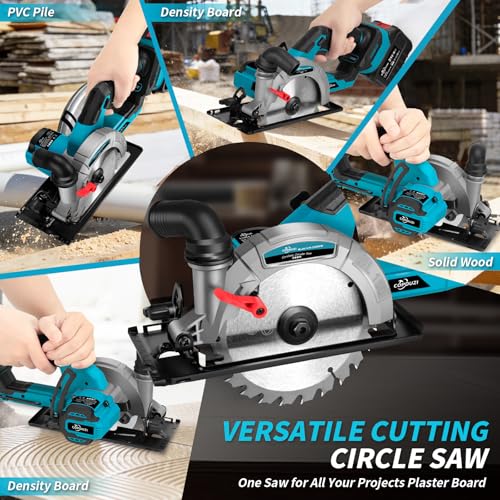 6" Cordless Circular Saw, Sierra Circular Inalambrica with 2 x 6.0Ah Battery, 7000RPM Brushless Handheld Circle Saw with 3 Blade, Max Cutting Depth 2-1/6"(90°), 1-1/4"(45°) for Wood Metal PVC