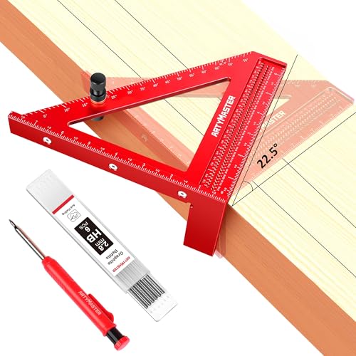 8 inch 3D Multi-Angle Measuring Square Ruler, WT103C High Precision Hole Scribing Woodworking Tools, 0-90° Aluminum Alloy Carpenter Square with Stair Gauges, Carpenter Pencils 6 Refills. - color: 8 inch Square+Pencil+Stair Gauge, style: Imperial