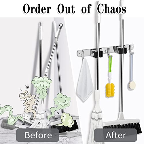 AceMining Broom Holder Wall Mount, 2 Racks 3 Hooks Heavy Duty Mop Organizer - color: 2 Racks & 3 Hooks (Silver) - 1 Pack