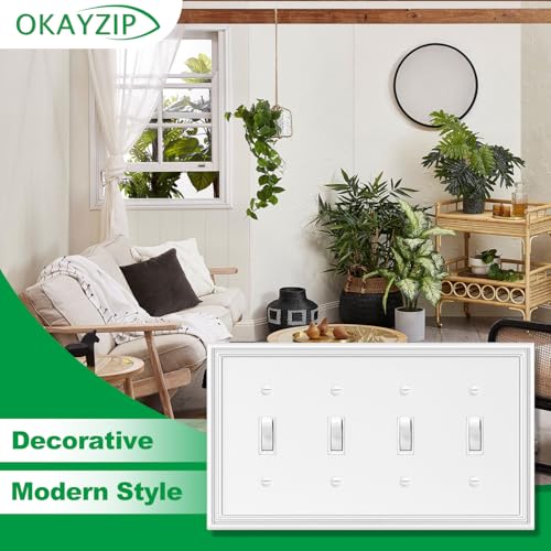 OKAYZIP White Decorative 4 Toggle Switch Light Switch Covers Plate | Natural Material Switch Plate Covers - 1 Pack Modern Style 4 Gang Wall Plates - size: 4 Toggle 1 Pack