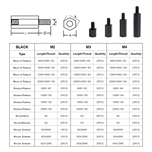 Litorange 320PCS M3 Male Female Nylon Hex Spacer Standoff Screw Nut Threaded Pillar PCB Motherboard Assorted Assortment Kit (Black)