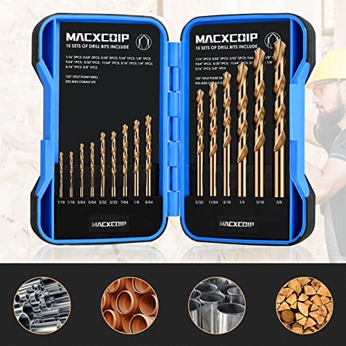 15Pcs(1/16"-3/8") Cobalt Drill Bit Set M35 HSS Jobber Length - size: 15pcs, 1/16"-3/8"