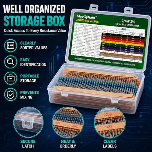 50 Values Metal Film Resistor Kit,1/4W 1% High Precision Axial Lead Resistors, Resistor Assortment with Storage Box for DIY Projects,Electronic Repair Circuit (1/4W-50Values-1500PCS, Metal) - style: 1/4W-50Values-1500PCS
