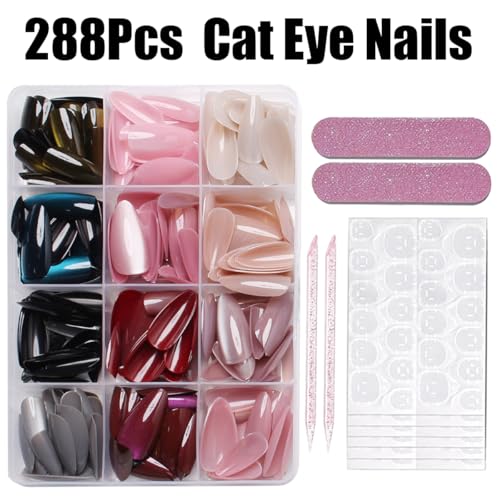 288Pcs Cat Eye Press on Nails Almond Shape 12 Color Glitter Fake Nails Medium, Sparkle Glass Nails Press on, Shiny Acrylic Glue on Nail Gradient Stick on Nail for Women Manicure - color: Style 10