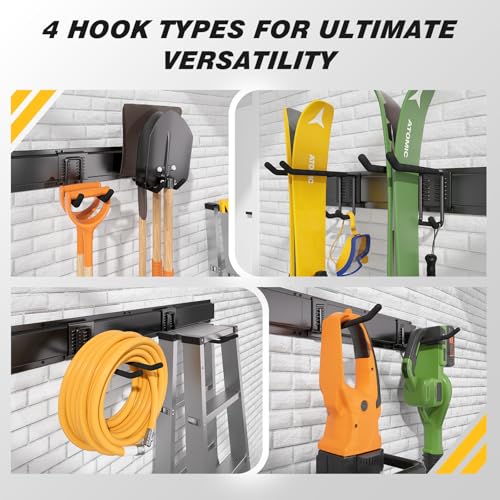 99 Inches Garage Storage, UUP Garage Organization, Wall Mount Garden Tool Organizer, Max 1000lbs Adjustable Metal Hook, Yard Shed Hanging Utility Rack, Heavy Duty Shelving for Rake Broom Mop Snowboard - size: 99" Alloy Steel with 6 Panels & 14 Hooks