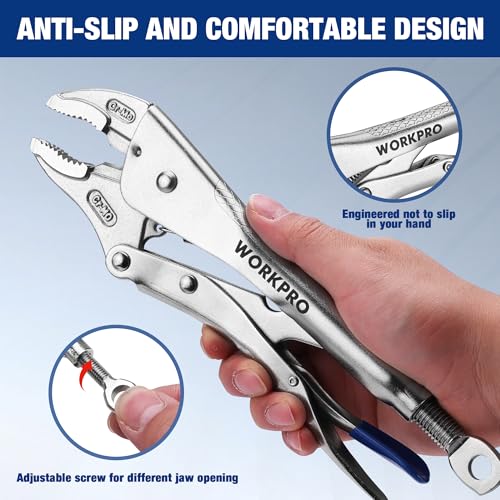 WORKPRO 5-Piece Locking Pliers Set, 5"/7"/10" Curved Jaw & 6.5"/9.5" Long Nose, CR-MO Steel Construction with Perforated Screw, Multipurpose Clamping Tool Kit for Automotive, Welding, and Home DIY