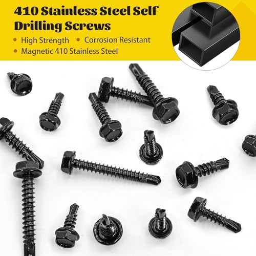 458Pcs #8#10 Black Self Tapping Screws for Metal, Hex Washer Head Self Drilling Screws Assortment Kit, 410 Stainless Steel Sheet Metal Screw, Length 1/2'' 5/8'' 3/4'' 1'' 1-1/4'' - size: 458pcs #8#10 Black