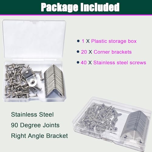 20 PCS Corner Braces 25mm x 25mm Stainless Steel 90 Degree Joints Right Angle Bracket L Shaped Corner Brackets Fastener for Wood Furniture, Screws Included - size: 25*25mm/ 1in