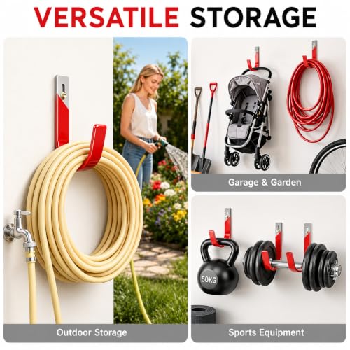 Heavy Duty Metal Garage Hooks Wall Mount 2 Pack, Garage Hanger Utility Storage Hooks for Outside, Hose Rack Suitable for Garage,Garden and Yard,Red